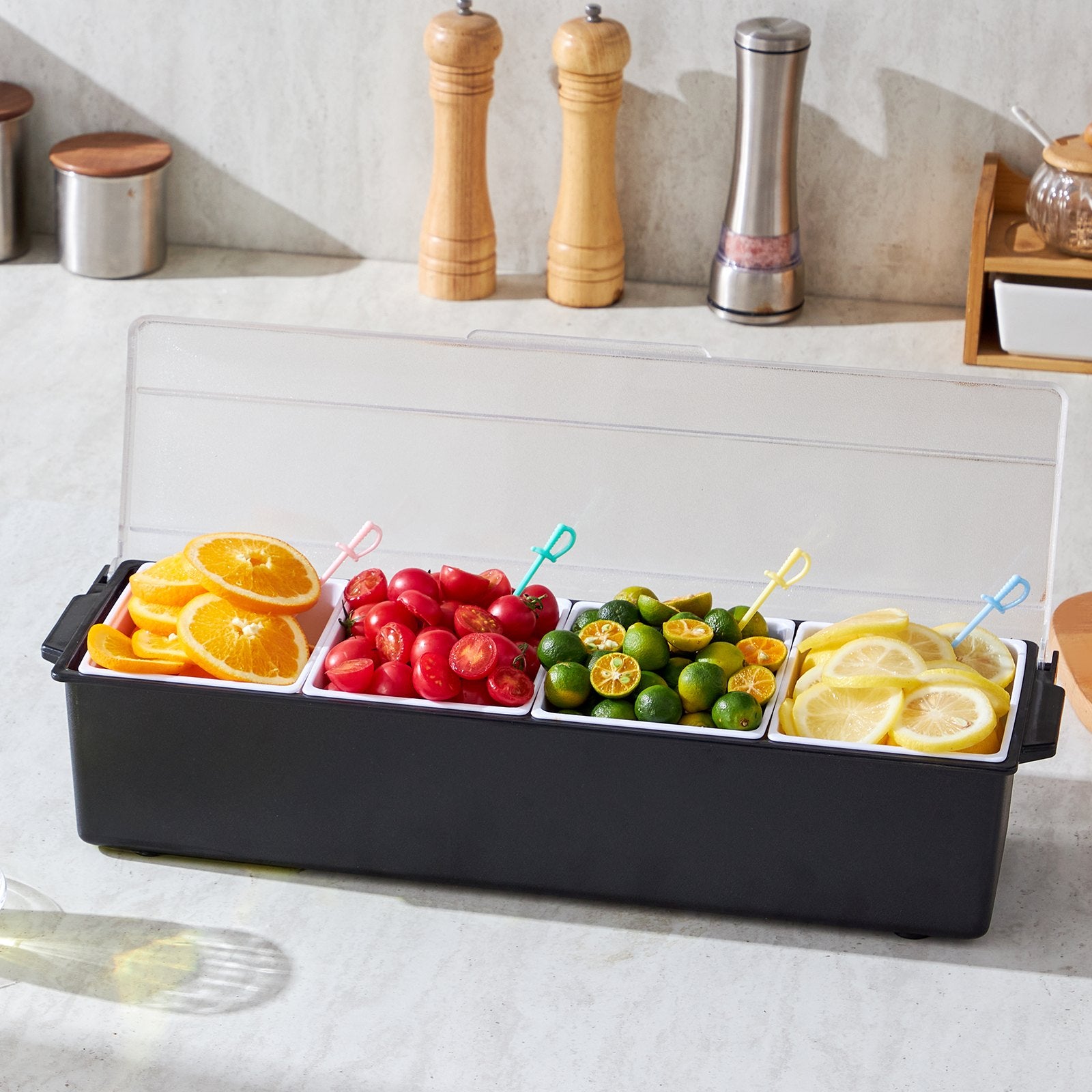 Chilled 4-Compartment Serving Tray with Lid for Fresh Snacks